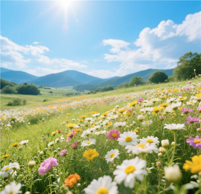 蓝天白云连绵青山彩色菊花海图片