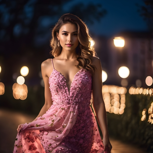 欧美粉色吊带晚礼服性感美女图片