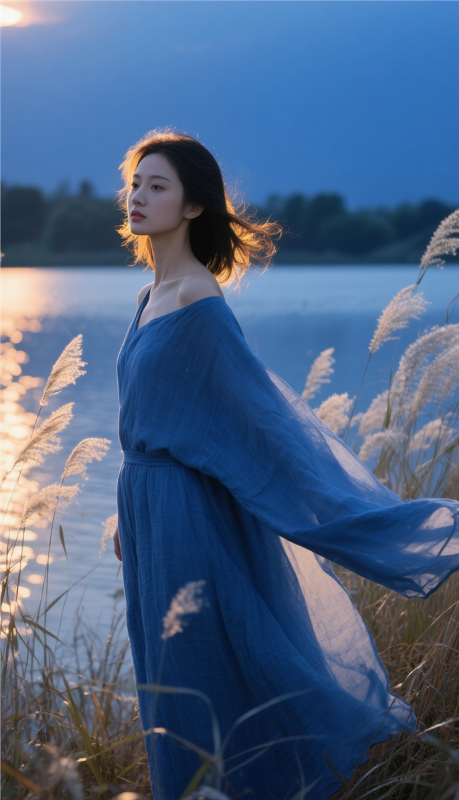 日暮黄昏蓝色调户外人像写实摄影图片