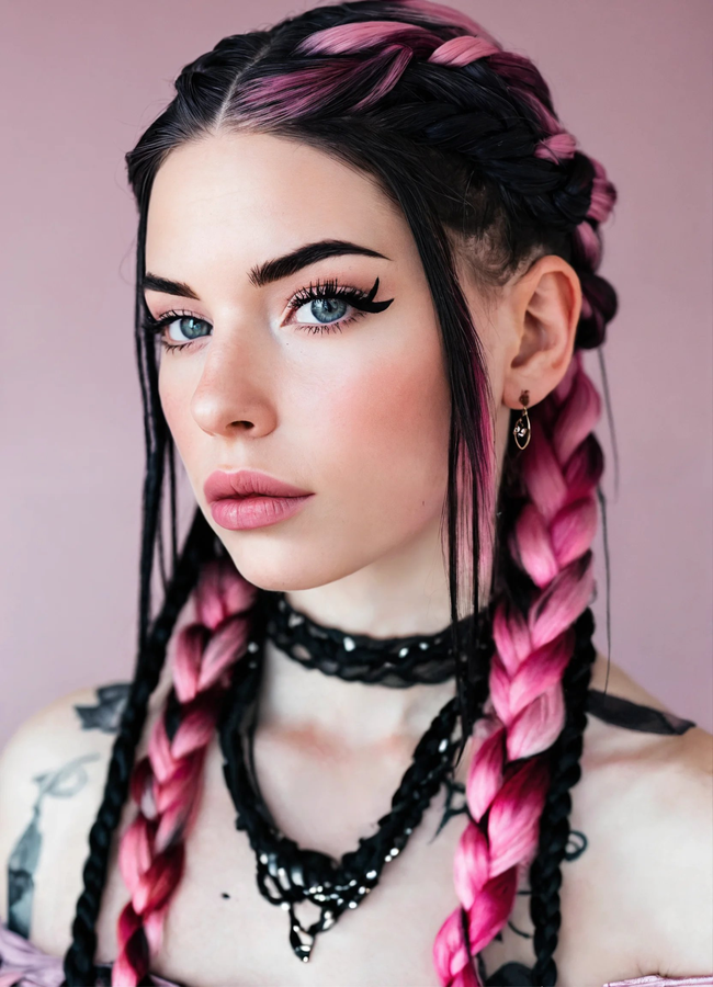 欧美精致妆容粉色麻花辫美女写真图片