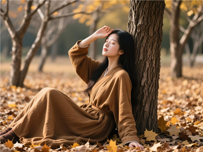 秋季树下棕色长衫美女写真图片