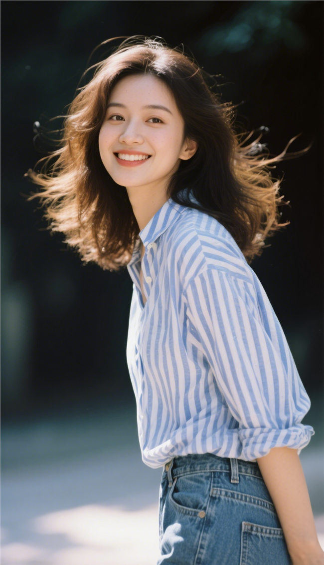 笑颜如花条纹衬衫美女摄影图片