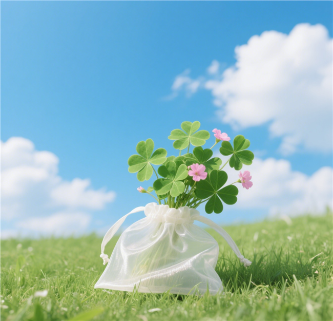 绿色草地白色袋子里的四叶草图片