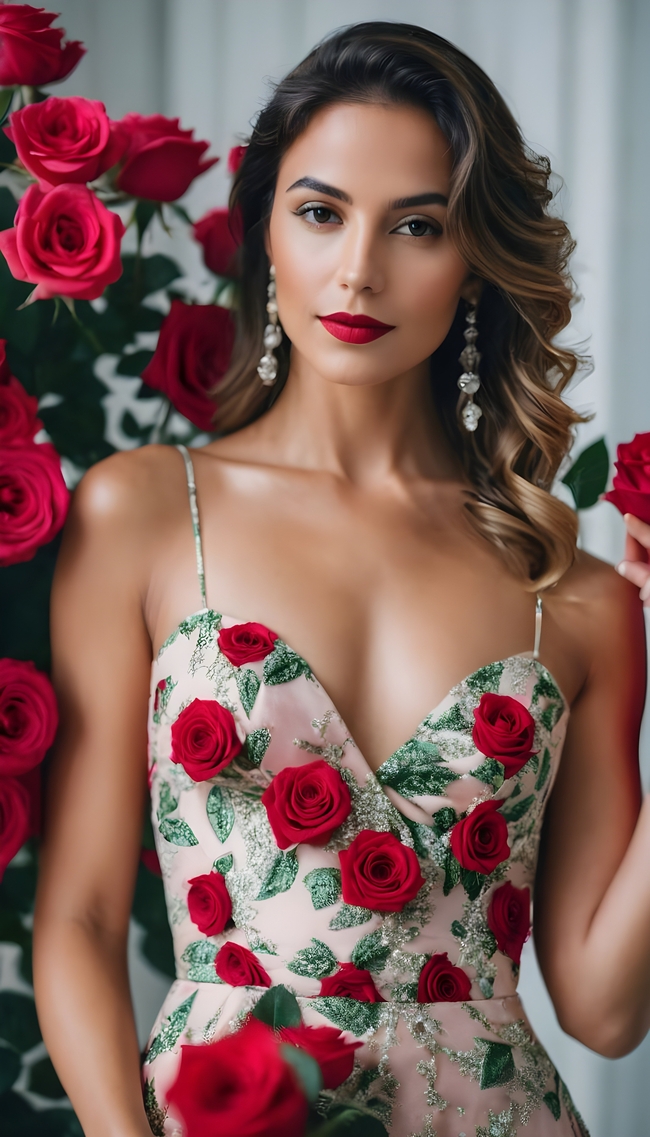 欧美植绒花卉吊带裙性感美女图片