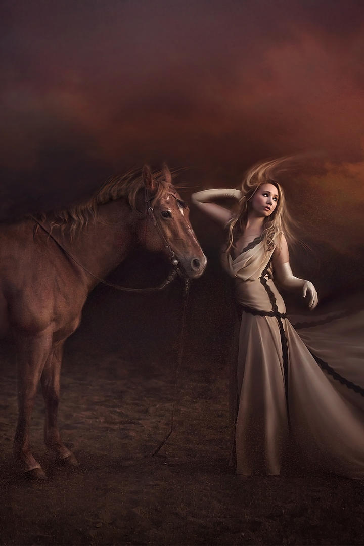 牵着马的欧美女生摄影图片