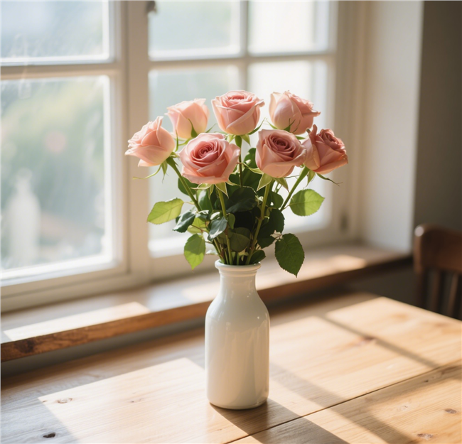 窗台粉色玫瑰花插花摄影图片