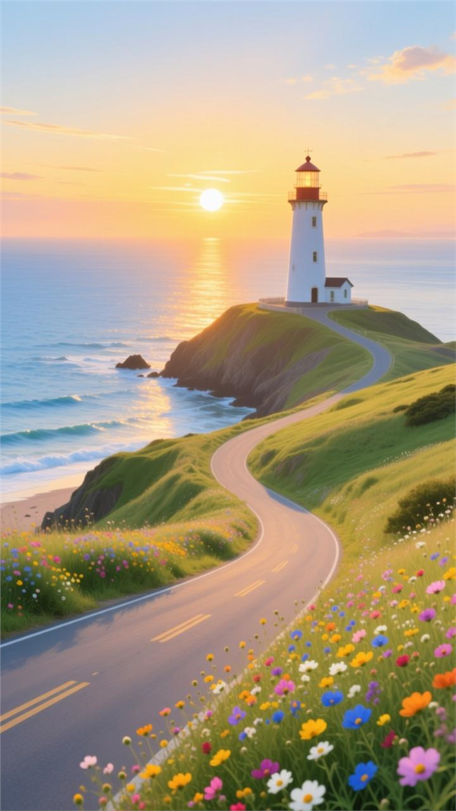 唯美黄昏海滨白色灯塔夕阳图片