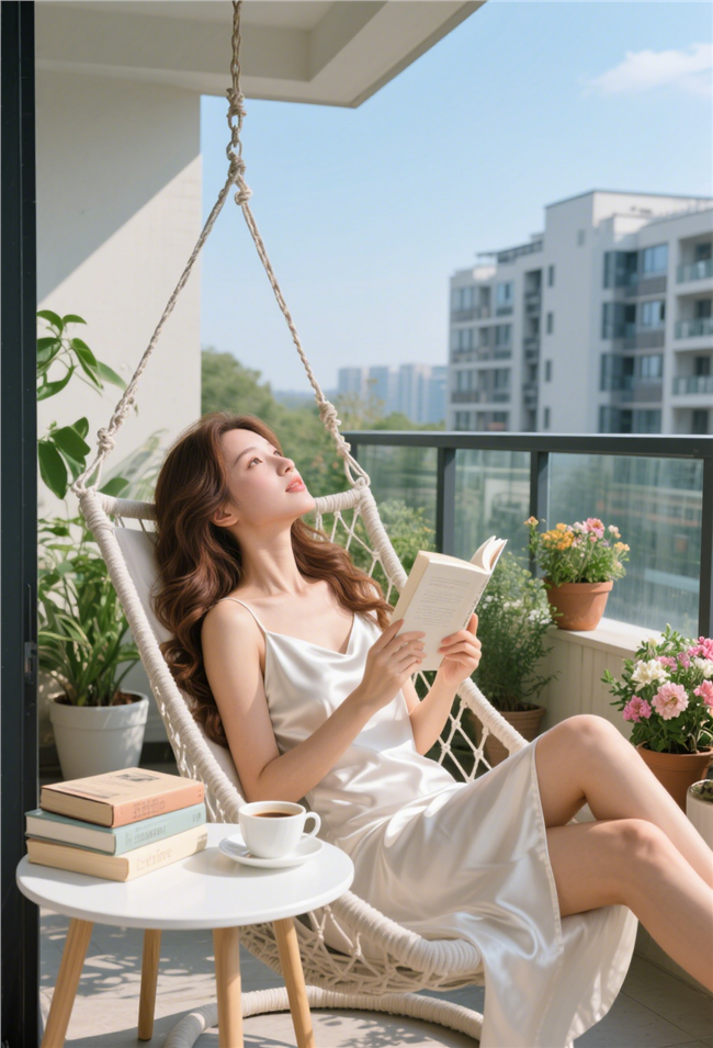 夏日午后阳台看书的性感美女图片