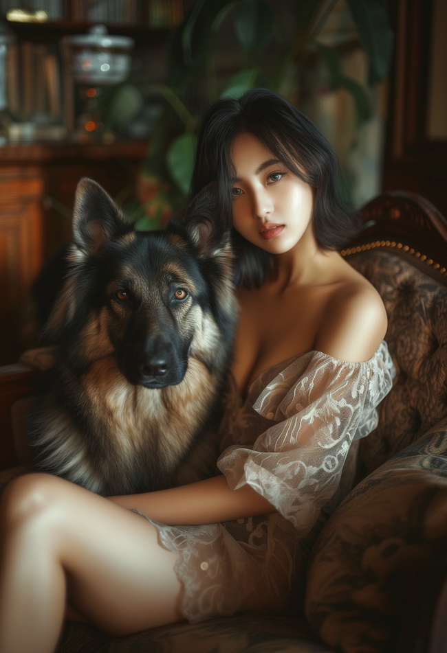 抱着德国牧羊犬的大胆性感美女图片