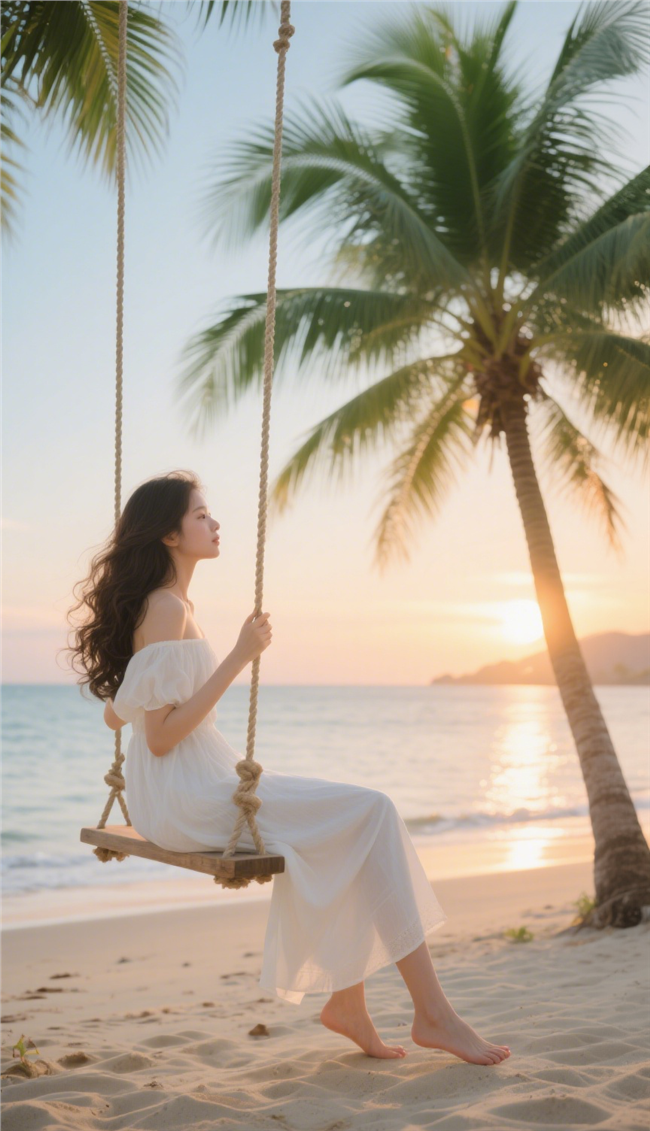 黄昏海边沙滩荡秋千美女图片
