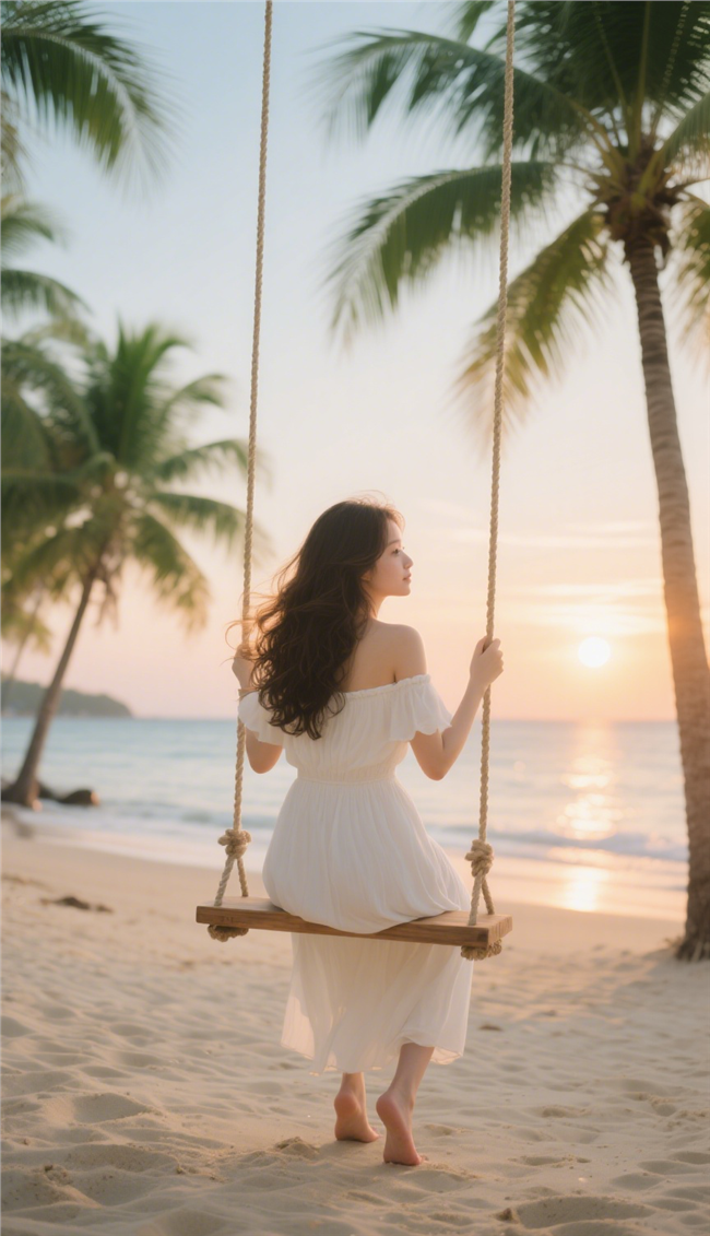 夕阳西下海边沙滩荡秋千美女图片
