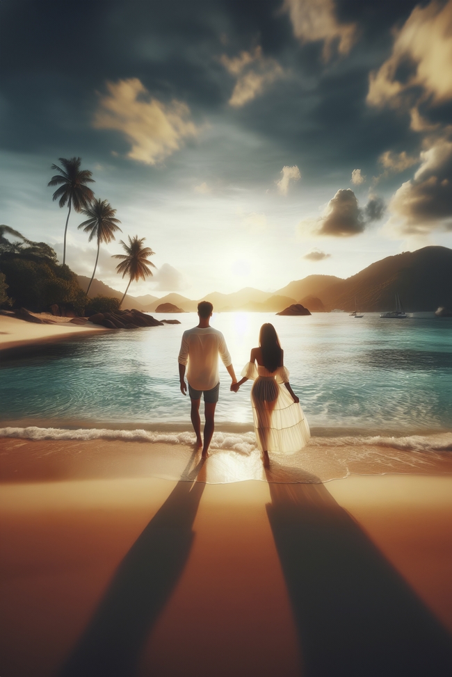 夏日海边度假手牵手情侣背影图片