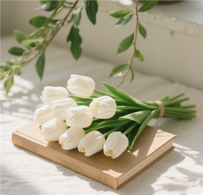 复古牛皮纸书籍和郁金香花束图片