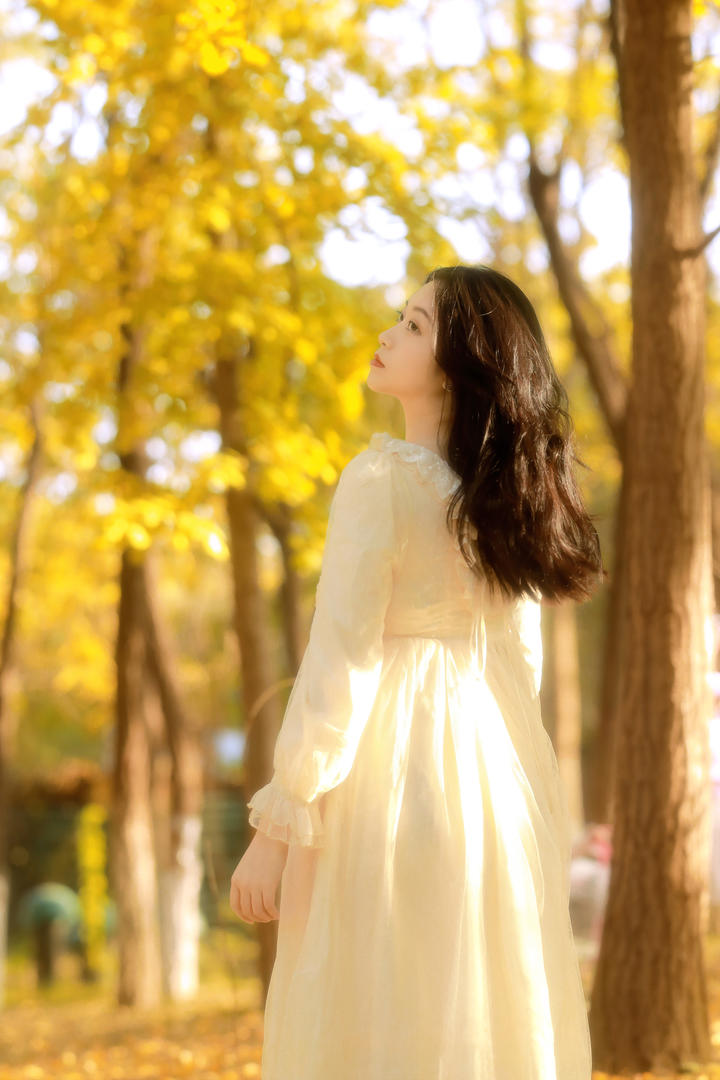 树林中的白裙子美女背影图片