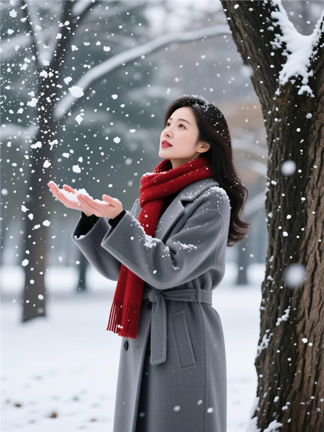 冬季雪花纷飞灰色大衣美女摄影图片