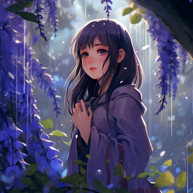 紫色风格下雨天山洞美女动漫插画图片