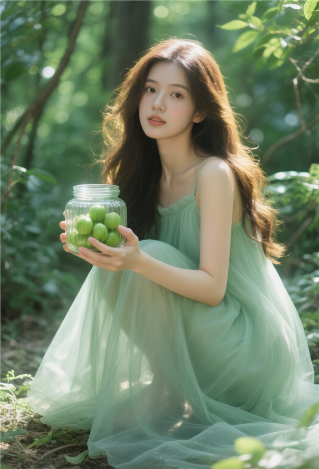 绿色树林蹲着手捧青果的美女图片