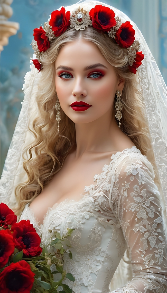 欧美白色蕾丝婚纱裙美女婚纱写真图片