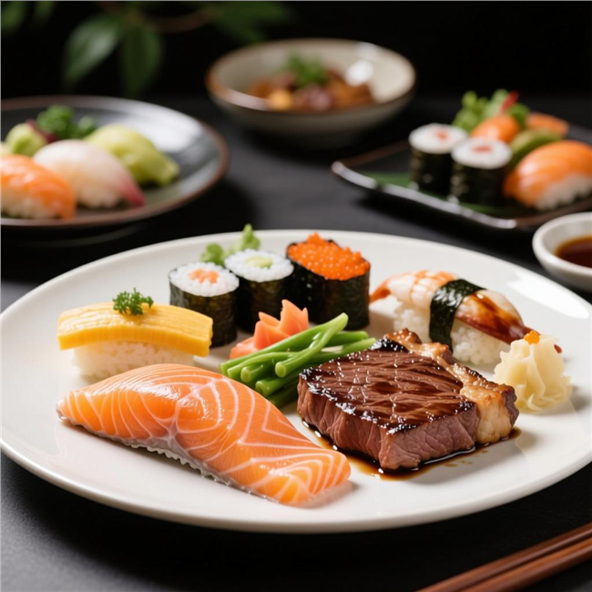 美味三文鱼寿司牛排食物摄影图片