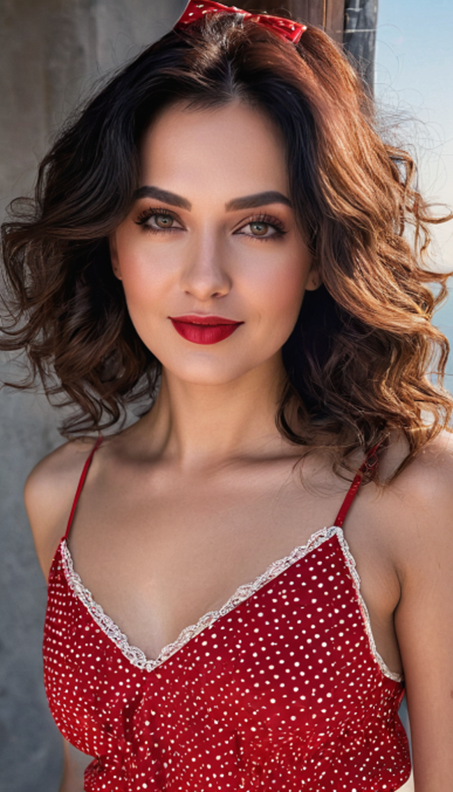 欧美红色吊带卷发美女性感图片