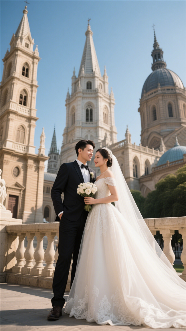 亚洲俊男美女欧式建筑前婚纱写真图片