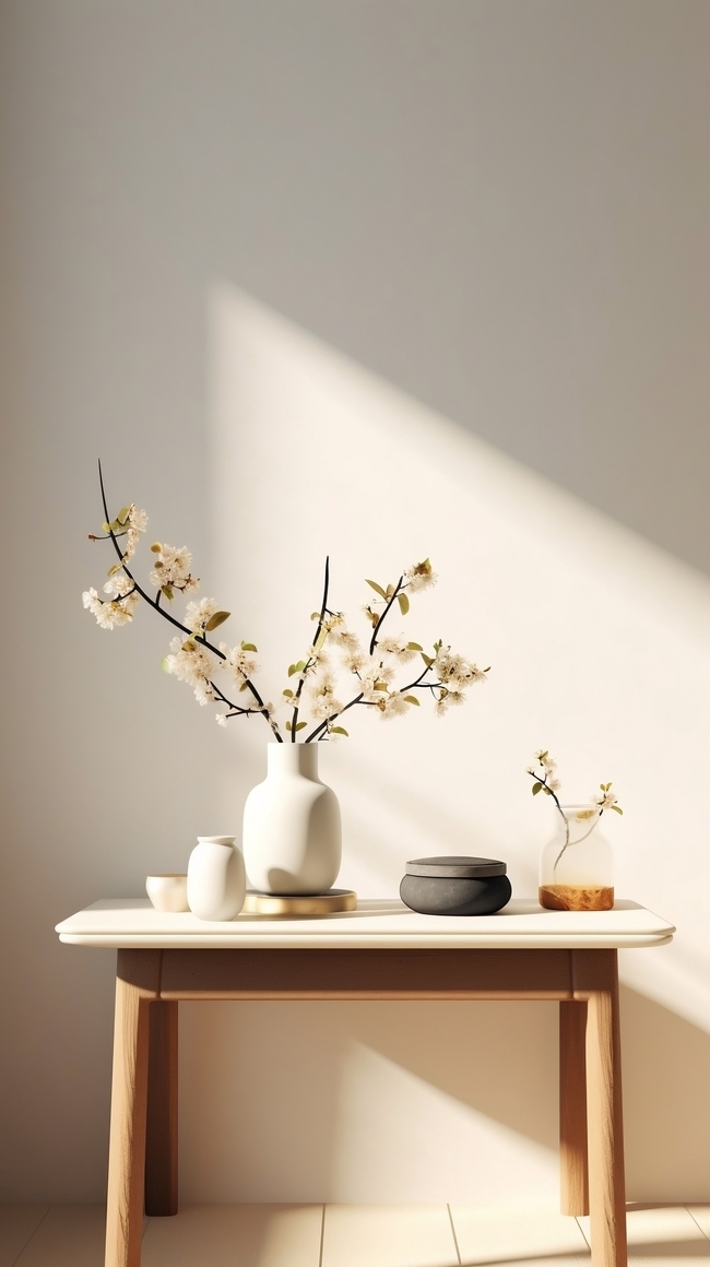 白色家居木桌静物插花光影艺术摄影图片