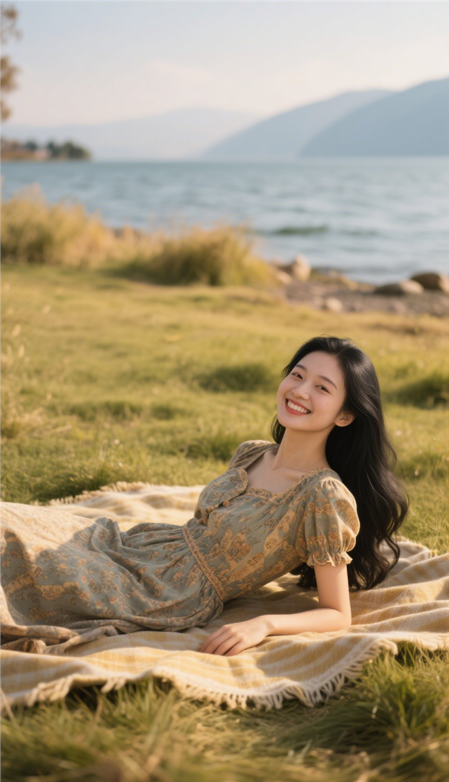 海边草地笑颜如花美女写真摄影图片