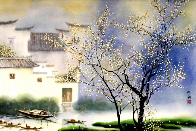 江南春水彩画图片
