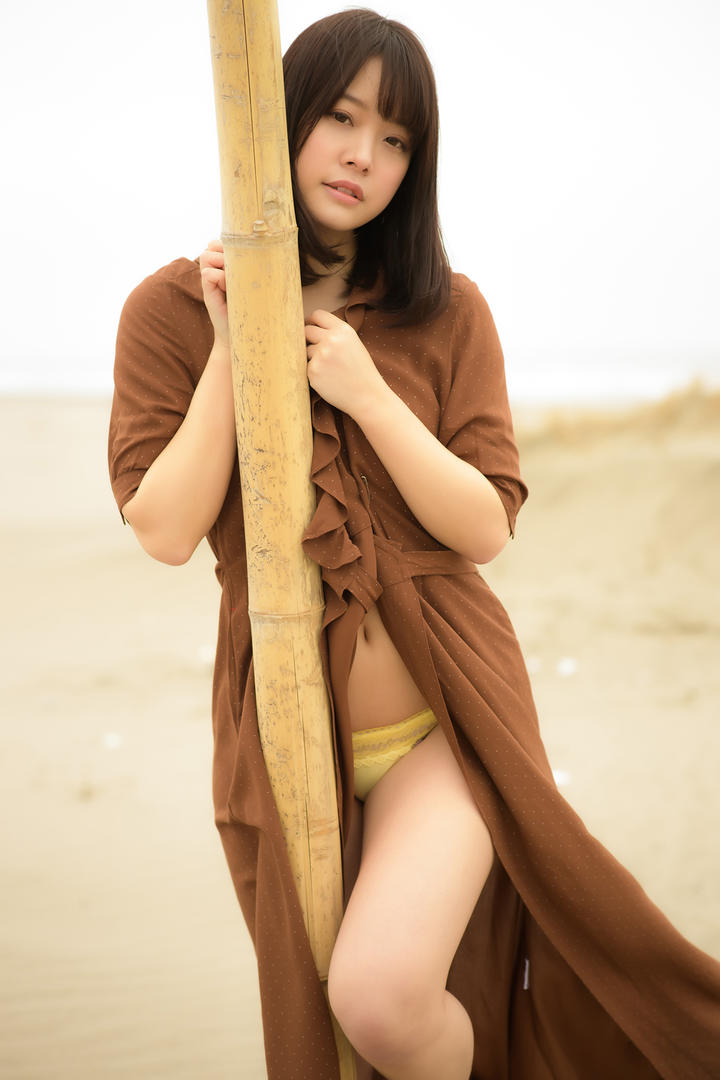 趴在竹竿上的日本性感模特八木奈高清写真图片