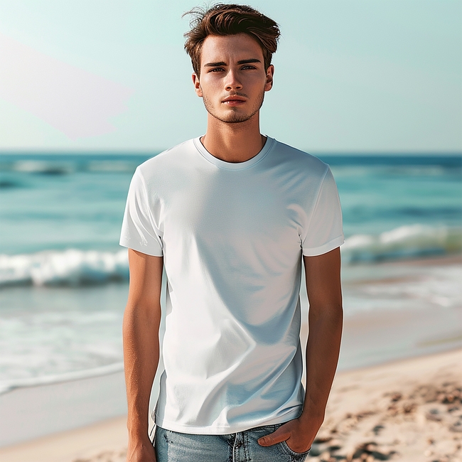 夏日海边沙滩白色T恤帅哥写真图片