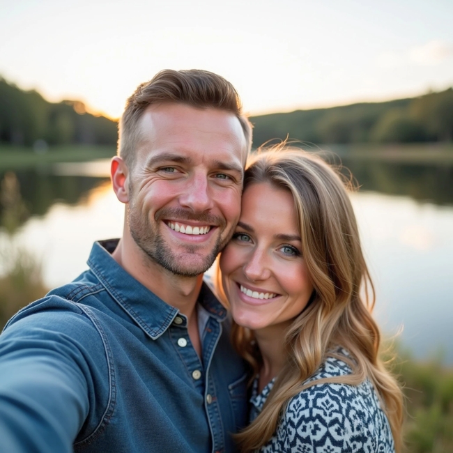 户外湖边欧美情侣自拍图片