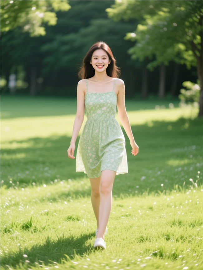 草地上迎面走来的绿色裙装美女图片