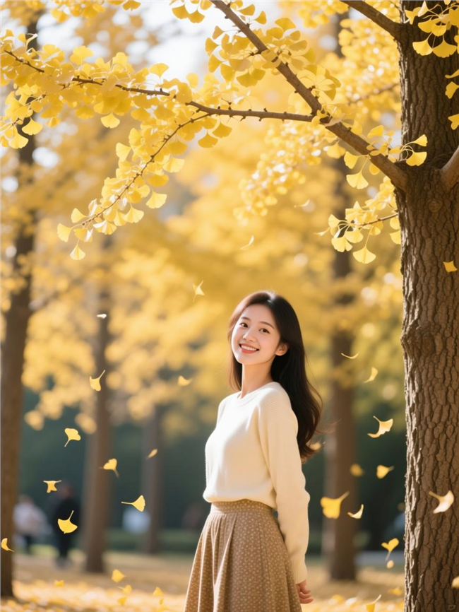 站在银杏树下的美女图片