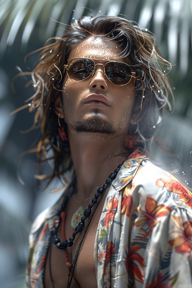 夏日性感度假戴墨镜花衬衫帅哥图片