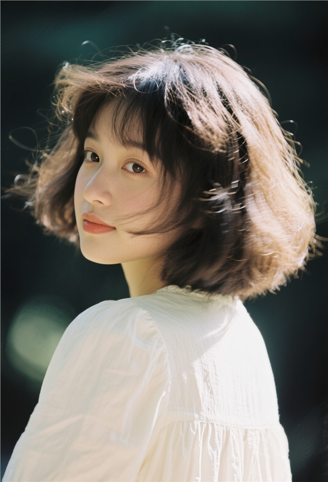 白色上衣齐肩短发美女摄影图片