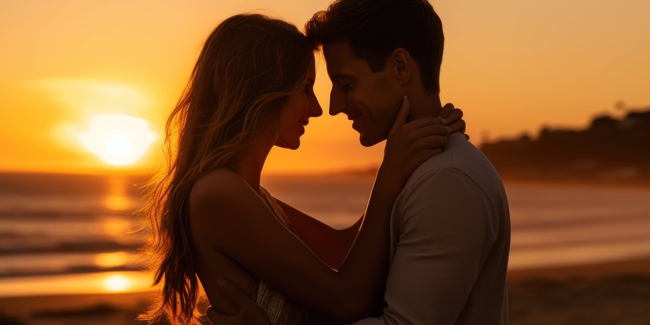 海边黄昏情侣浪漫剪影图片