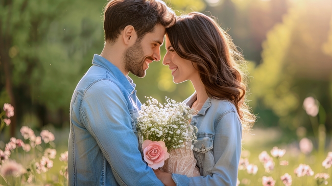 春天户外浪漫情侣衬衫情侣写真图片