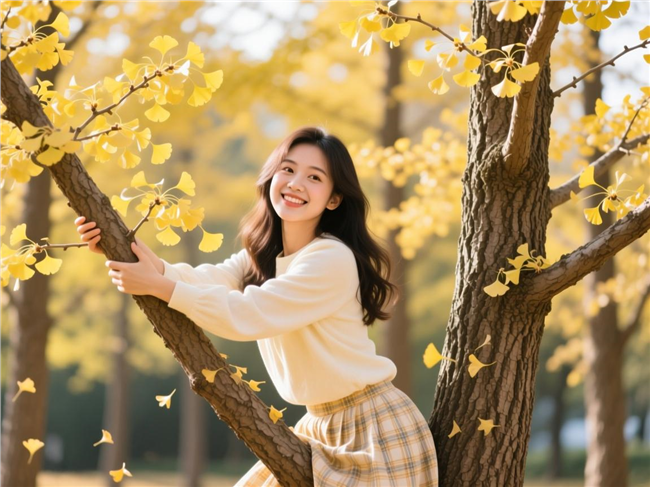 坐在银杏树上的美女图片