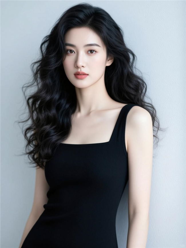 乌黑长卷发性感美女写真图片