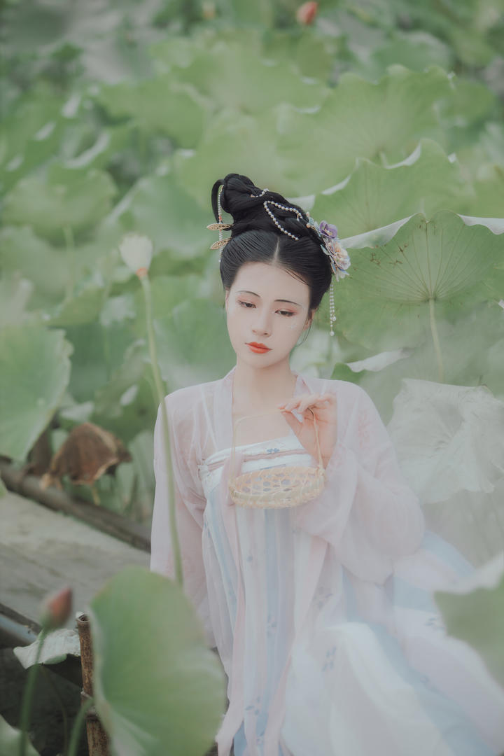 荷花池中的清纯古装汉服美女图片