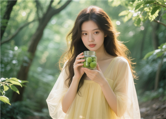 轻闻青梅的黄色纱裙长发美女图片