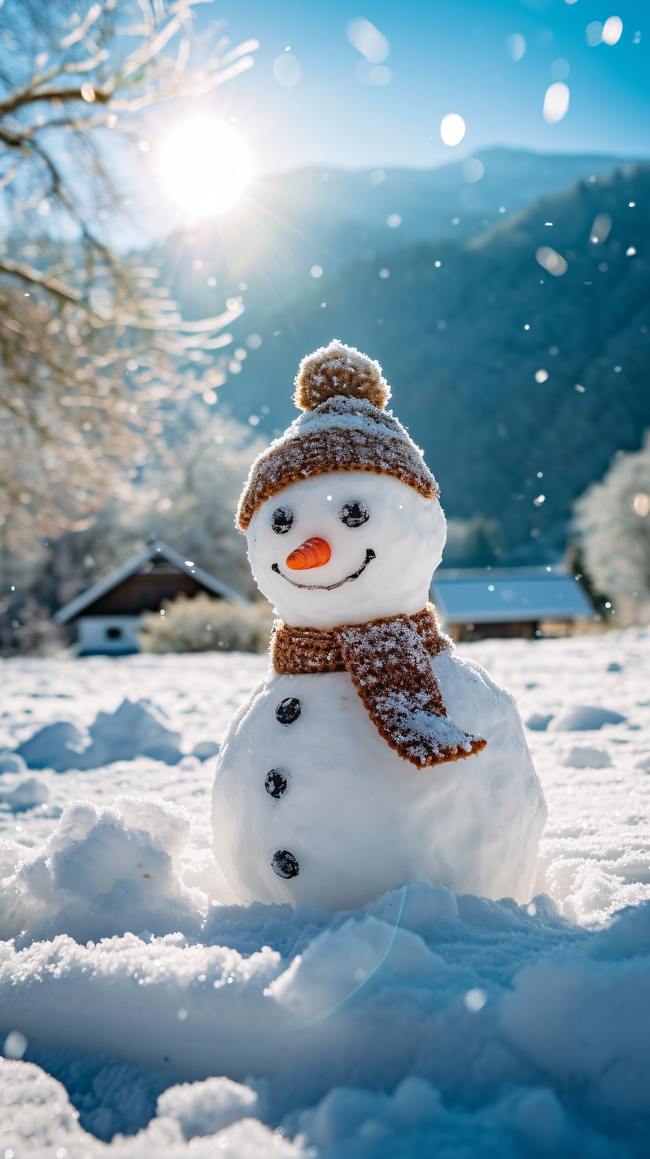 冬季暖阳雪地小雪人雪景摄影图片