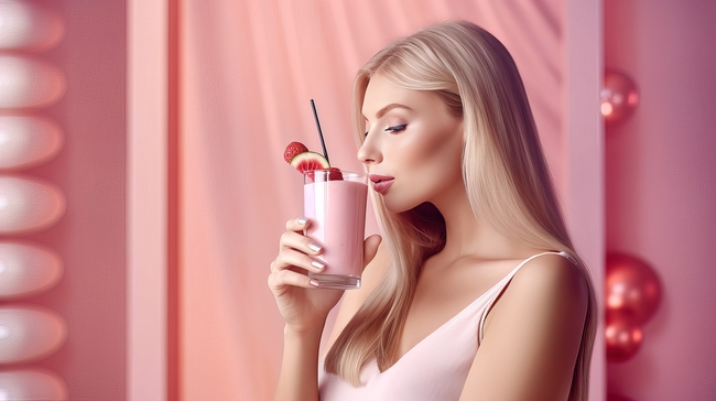 正在喝草莓果汁的性感女人图片