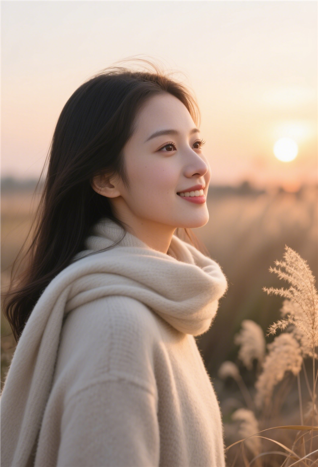 初冬黄昏围着围巾的美女图片