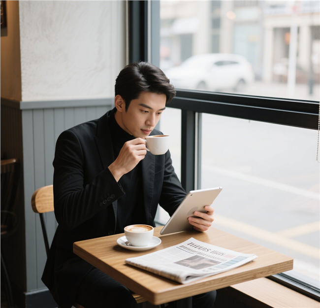 坐在窗边咖啡桌喝咖啡的帅哥图片