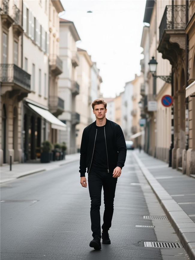 欧美街头时尚黑色夹克衫帅哥写真图片