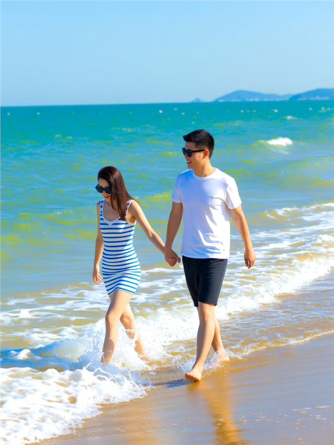 夏日海边戴着墨镜的情侣散步图片