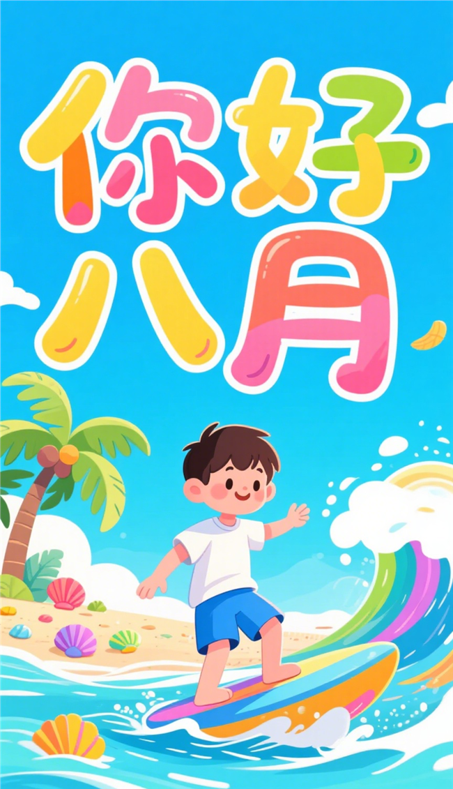 夏日卡通插画风格八月海报图片