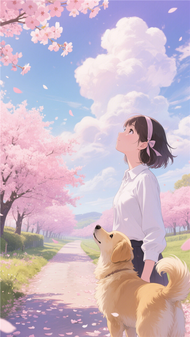 粉色樱花树下二次元动漫女孩图片