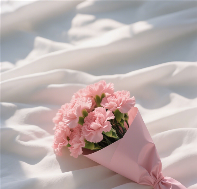 白色丝绸上的康乃馨花束图片